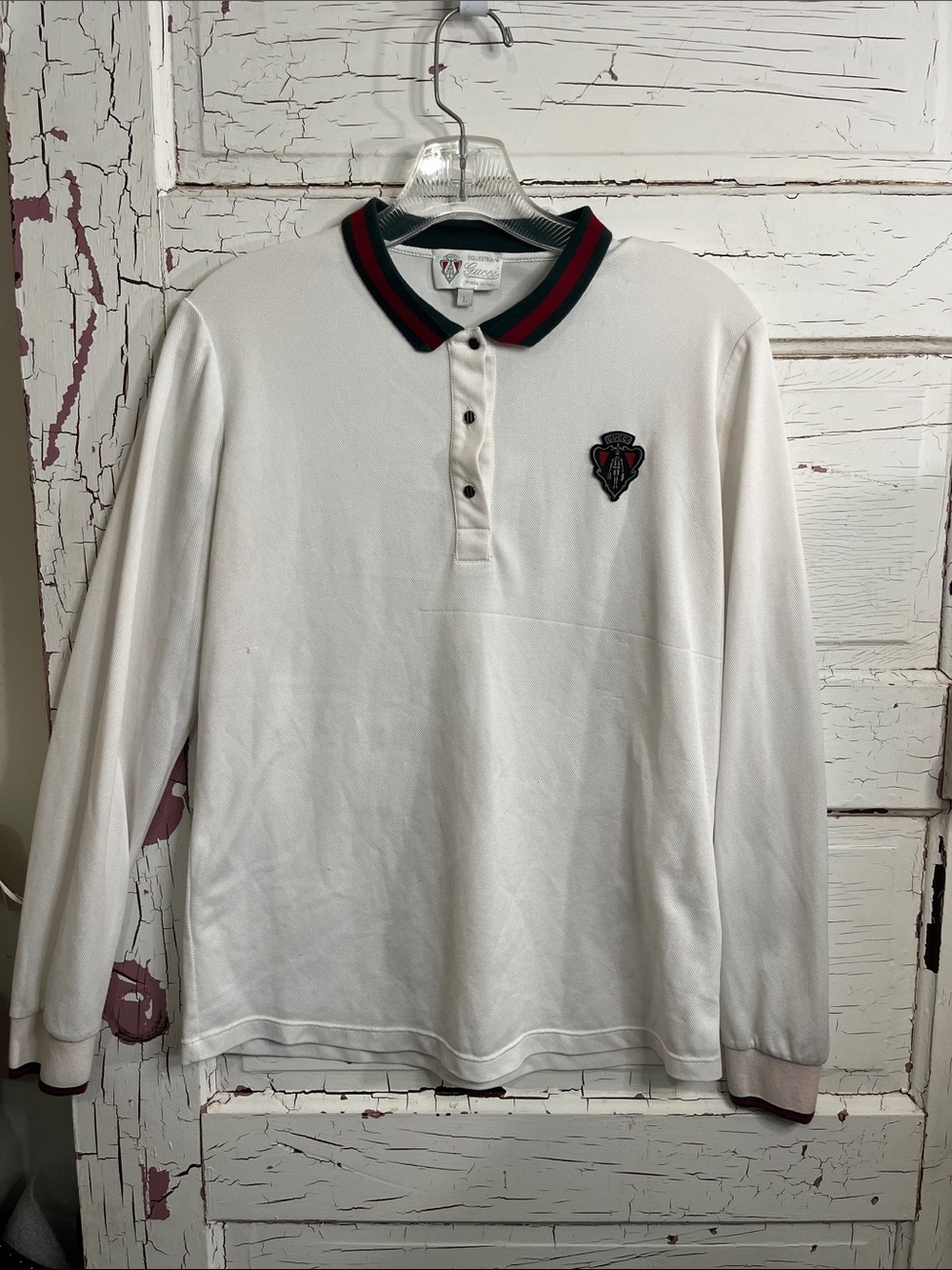 Gucci Equestrian White Long-Sleeve Polo with Red and Green Trim + LOGO Lg